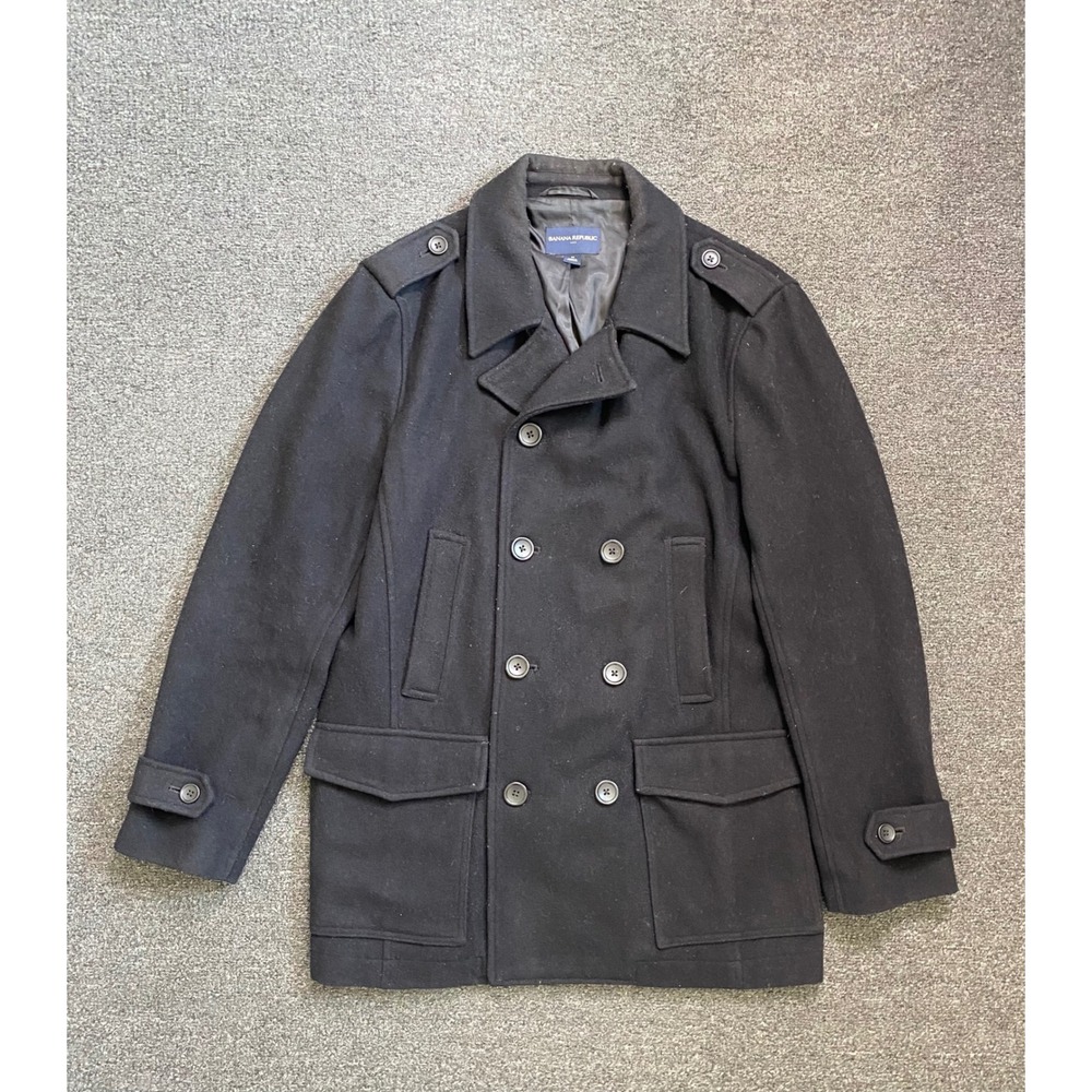 Banana Republic Double Breasted Pea Coat Black Women Medium Wool Blend Epaulette